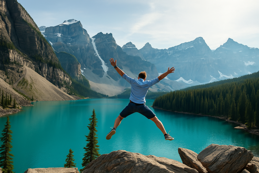 Image d'une personne ayant confiance en elle, qui saute devant un lac, Coaching confiance en soi
